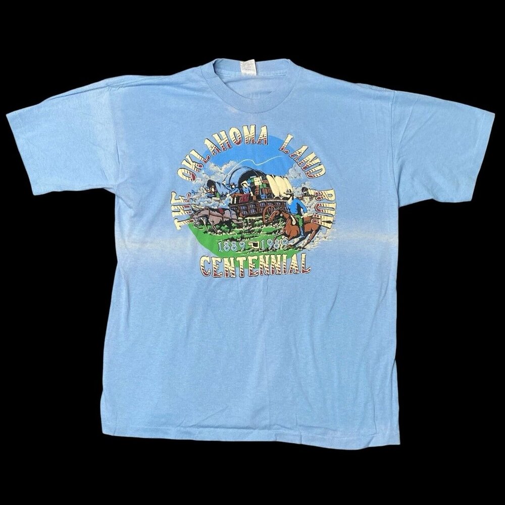 Vintage 1989 Oklahoma Land Run XL Centennial T Shirt Raised Lettering Blue USA